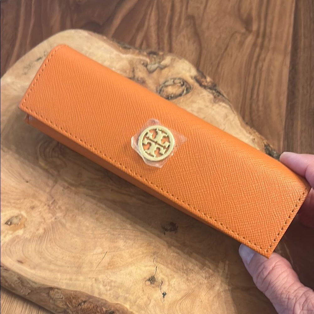 Tory Burch Orange Eye Glass Case with Gold Logo